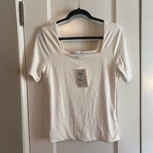 White Short Sleeve Top square neck ribbed